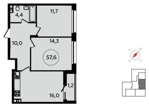 2-комнатная квартира с полной отделкой, 57.6 м2, 3 этаж, сдача 2 квартал 2022 г., ЖК Скандинавия, корпус 13.3 - объявление 1753562 - фото №1