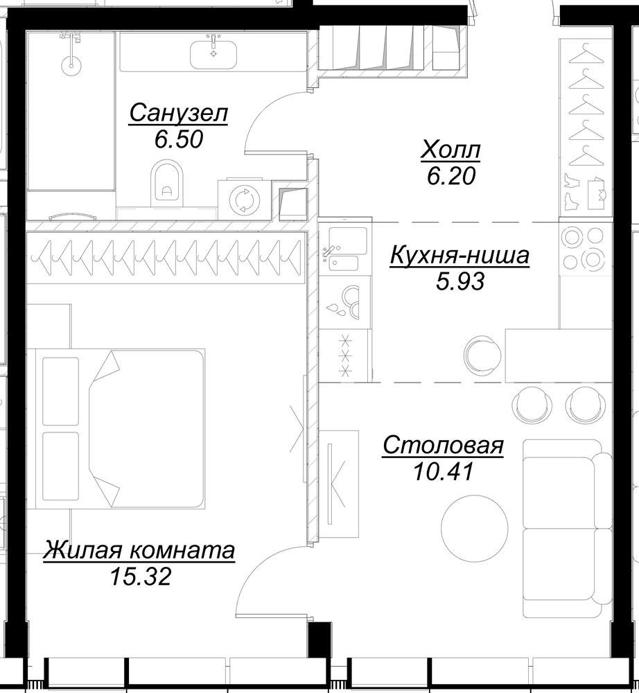 1-комнатная квартира с частичной отделкой, 44.36 м2, 52 этаж, сдача 4 квартал 2024 г., ЖК MOD, корпус Mann - объявление 2332055 - фото №1