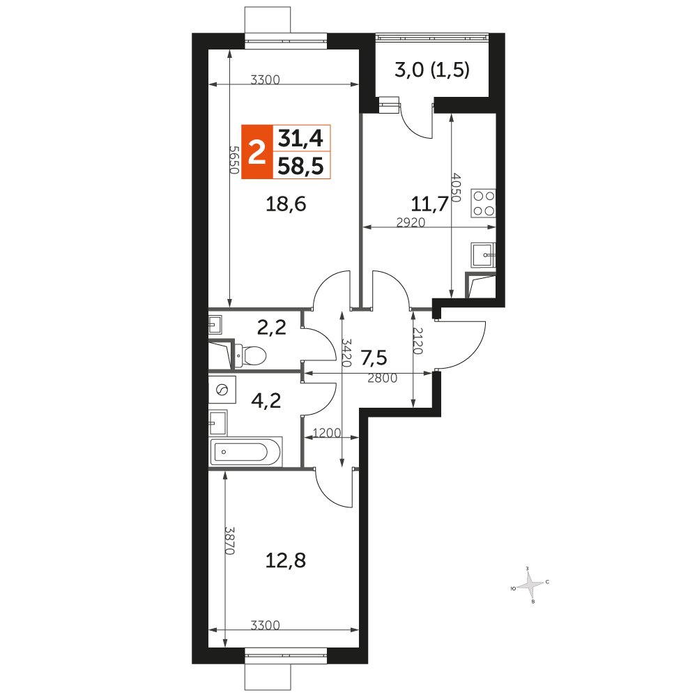 2-комнатная квартира с частичной отделкой, 58.7 м2, 1 этаж, дом сдан, ЖК UP-квартал Римский, корпус 7 - объявление 2359950 - фото №1