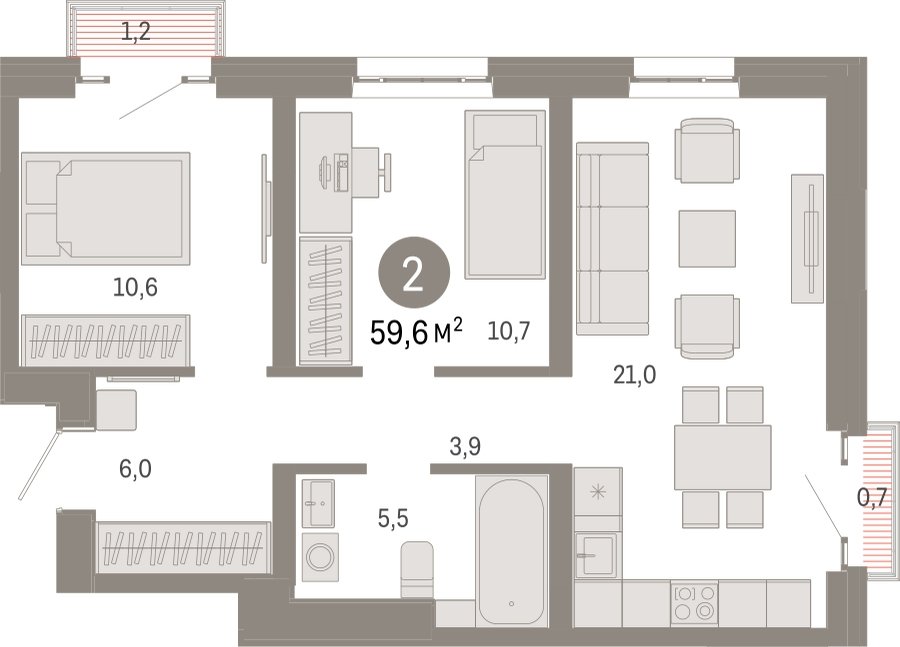 2-комнатная квартира с частичной отделкой, 59.6 м2, 28 этаж, сдача 3 квартал 2026 г., ЖК Квартал Метроном, корпус 1 - объявление 2300698 - фото №1