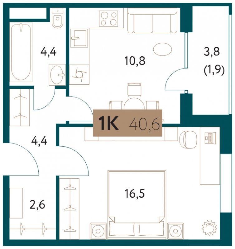 1-комнатная квартира без отделки, 40.6 м2, 5 этаж, сдача 4 квартал 2022 г., ЖК Настоящее, корпус 2 - объявление 1657102 - фото №1