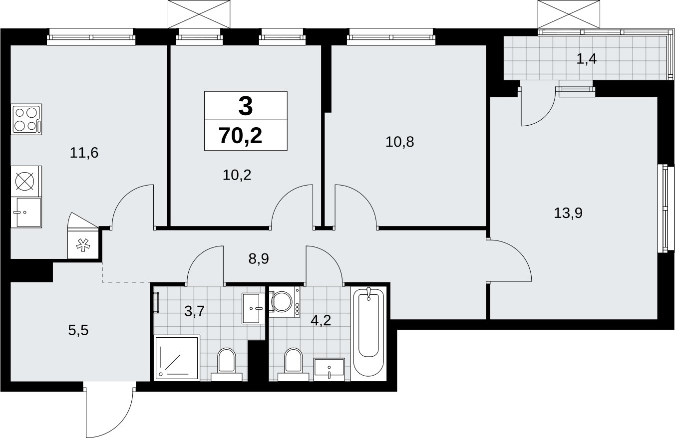 3-комнатная квартира с полной отделкой, 70.2 м2, 5 этаж, сдача 3 квартал 2026 г., ЖК Дзен-кварталы, корпус 6.1.3 - объявление 2327781 - фото №1