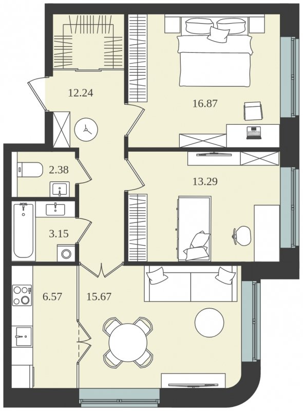 3-комнатная квартира (евро) без отделки, 70.42 м2, 1 этаж, сдача 1 квартал 2024 г., ЖК Мишино-2, корпус 8 - объявление 1812176 - фото №1