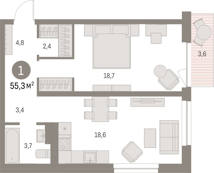 1-комнатная квартира с частичной отделкой, 55.26 м2, 11 этаж, сдача 1 квартал 2025 г., ЖК Первый квартал, корпус 5 - объявление 2310686 - фото №1
