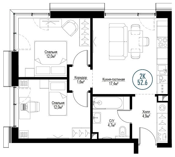 2-комнатная квартира с частичной отделкой, 52.6 м2, 16 этаж, сдача 3 квартал 2024 г., ЖК Метрополия, корпус Singapore - объявление 1786370 - фото №1
