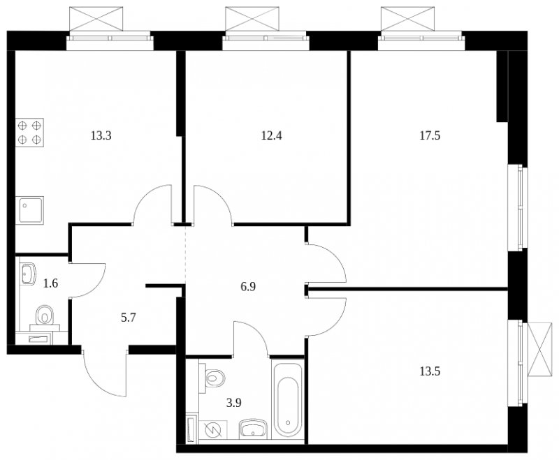 3-комнатная квартира с полной отделкой, 74.8 м2, 14 этаж, сдача 1 квартал 2023 г., ЖК Бусиновский парк, корпус 1.1 - объявление 1341474 - фото №1