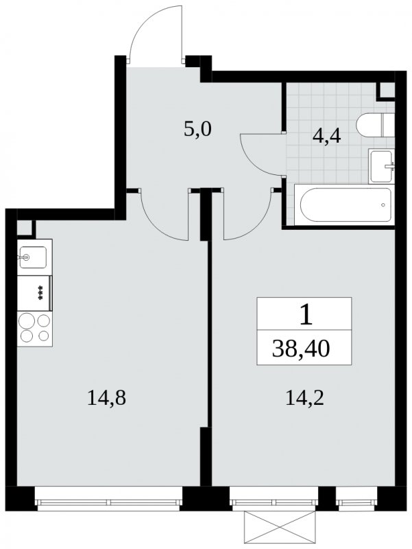 1-комнатная квартира без отделки, 38.4 м2, 2 этаж, сдача 3 квартал 2024 г., ЖК Прокшино, корпус 8.5 - объявление 1684320 - фото №1