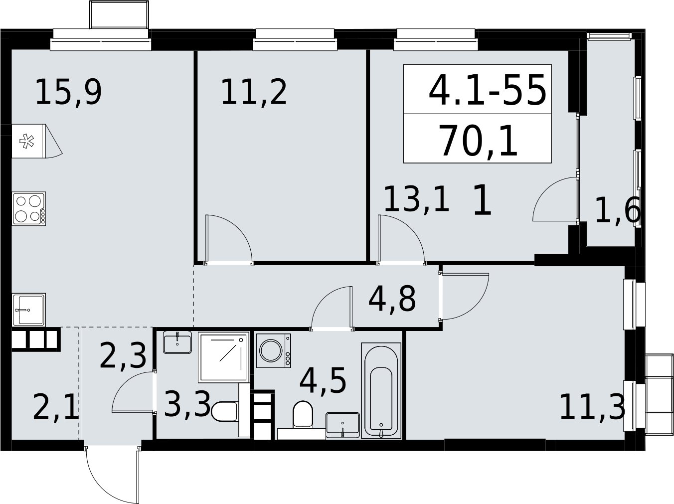 3-комнатная квартира с полной отделкой, 70.1 м2, 11 этаж, сдача 2 квартал 2027 г., ЖК Южные сады, корпус 4.1.1 - объявление 2392596 - фото №1