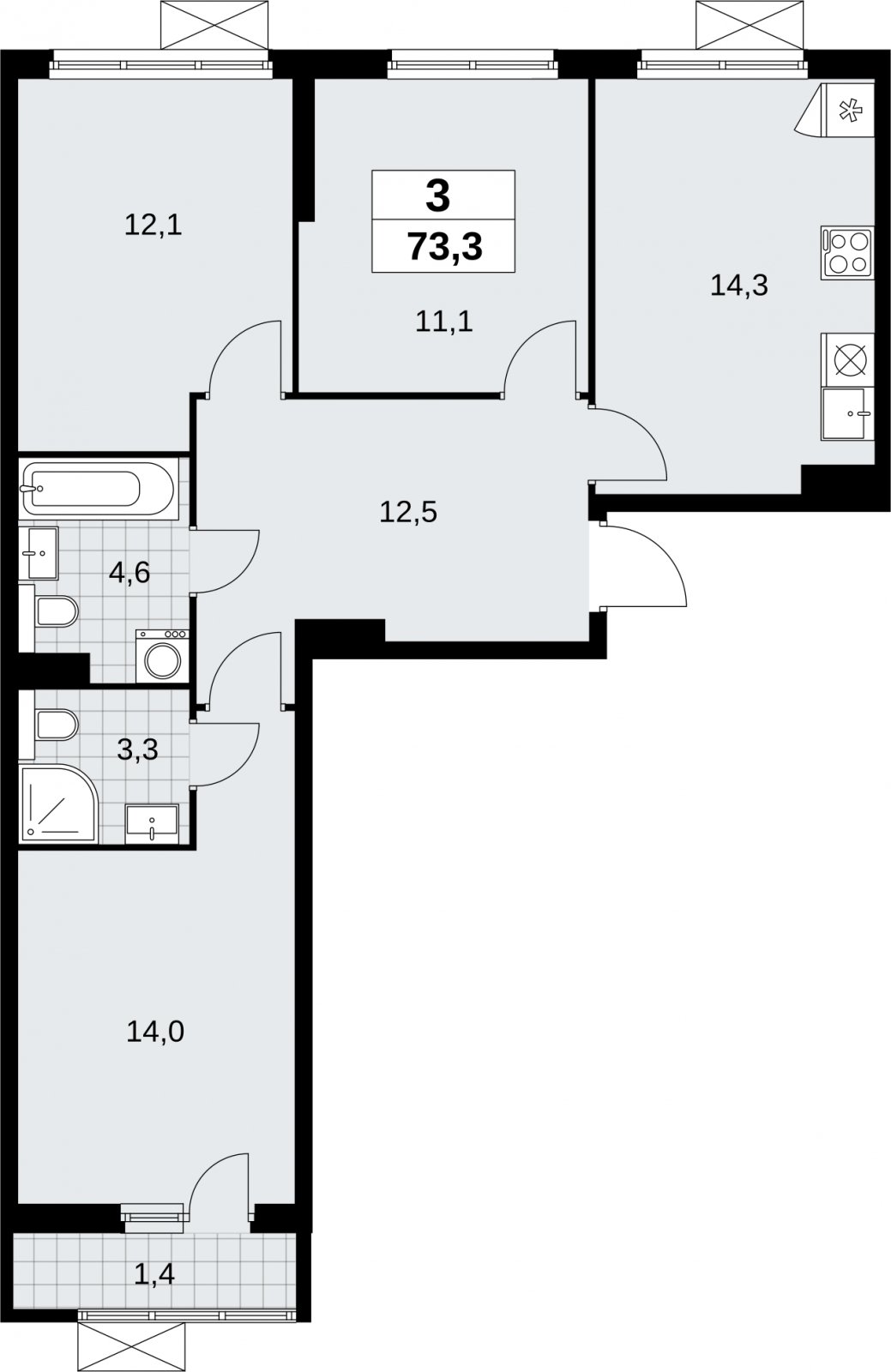 3-комнатная квартира без отделки, 73.3 м2, 5 этаж, сдача 2 квартал 2026 г., ЖК Бунинские кварталы, корпус 9.1 - объявление 2324008 - фото №1