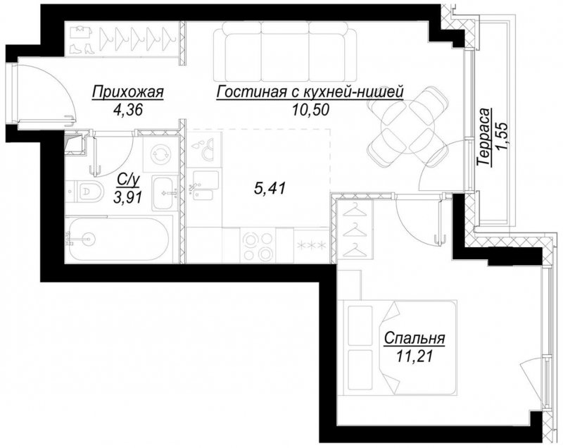 1-комнатная квартира с частичной отделкой, 35.9 м2, 9 этаж, сдача 1 квартал 2023 г., ЖК Hide, корпус RiverSide - объявление 1756829 - фото №1