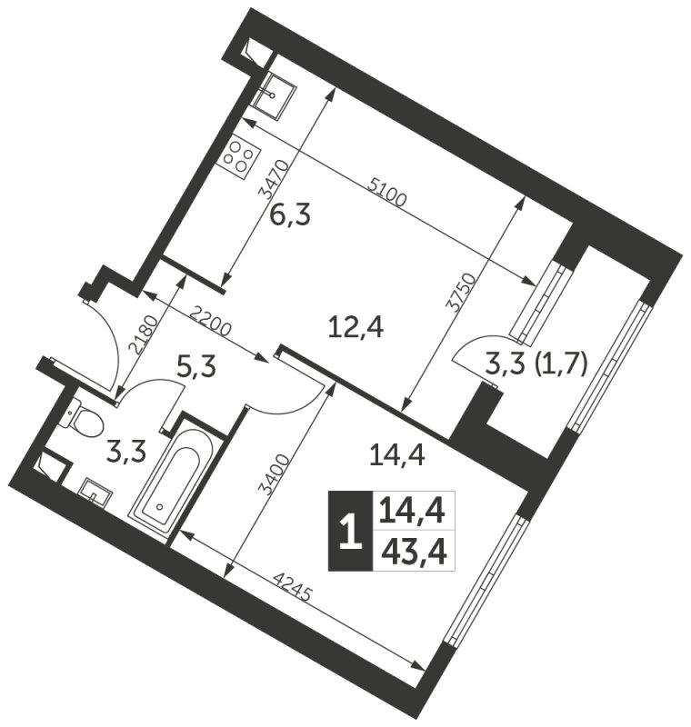 1-комнатная квартира с частичной отделкой, 43.4 м2, 28 этаж, сдача 4 квартал 2023 г., ЖК Архитектор, корпус 1 - объявление 1694296 - фото №1