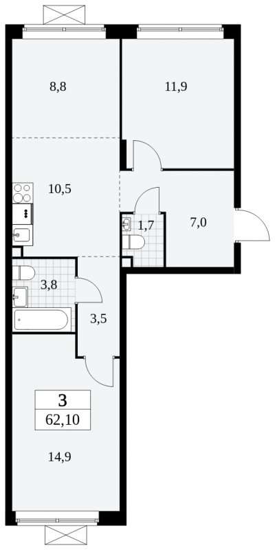 3-комнатная квартира (евро) без отделки, 62.1 м2, 2 этаж, сдача 2 квартал 2024 г., ЖК Прокшино, корпус 6.1 - объявление 1662619 - фото №1
