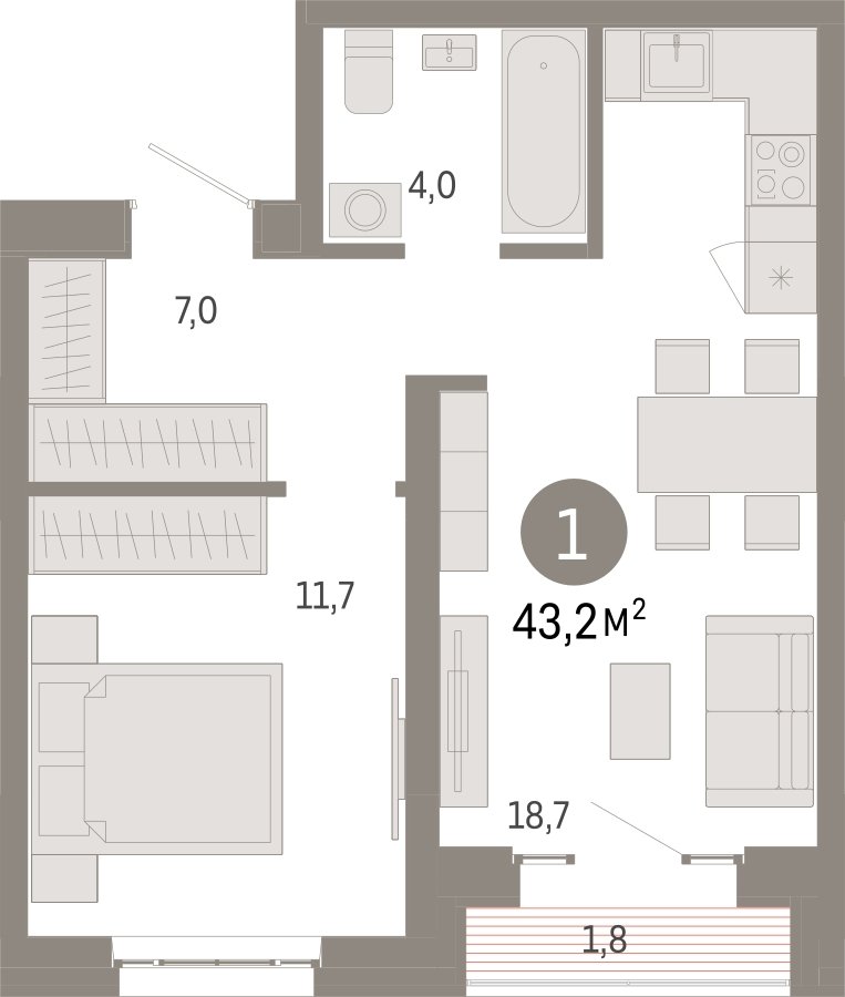 1-комнатная квартира с частичной отделкой, 43.2 м2, 10 этаж, сдача 3 квартал 2026 г., ЖК Квартал Метроном, корпус 1 - объявление 2342529 - фото №1