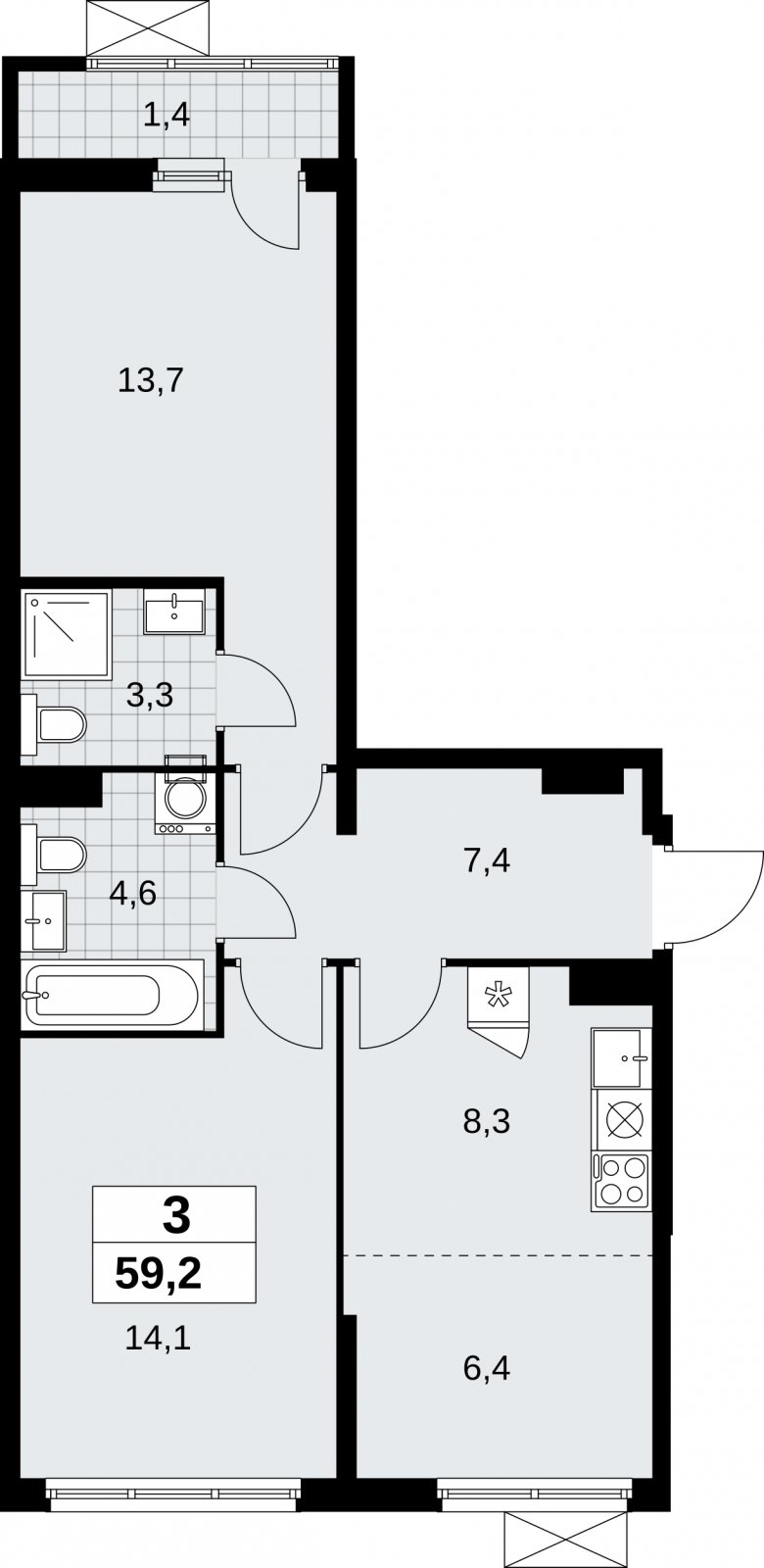 3-комнатная квартира (евро) без отделки, 59.2 м2, 6 этаж, сдача 1 квартал 2026 г., ЖК Дзен-кварталы, корпус 6.2.1 - объявление 2328586 - фото №1