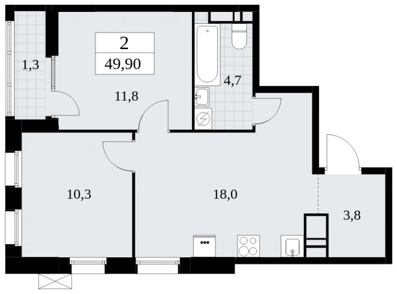 2-комнатная квартира с частичной отделкой, 49.9 м2, 18 этаж, сдача 1 квартал 2025 г., ЖК Дзен-кварталы, корпус 1.1 - объявление 1895621 - фото №1