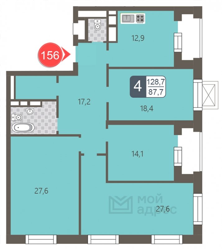 4-комнатная квартира с полной отделкой, 128.7 м2, 21 этаж, дом сдан, ЖК мой адрес На Береговом, корпус Южный квартал - объявление 1866957 - фото №1
