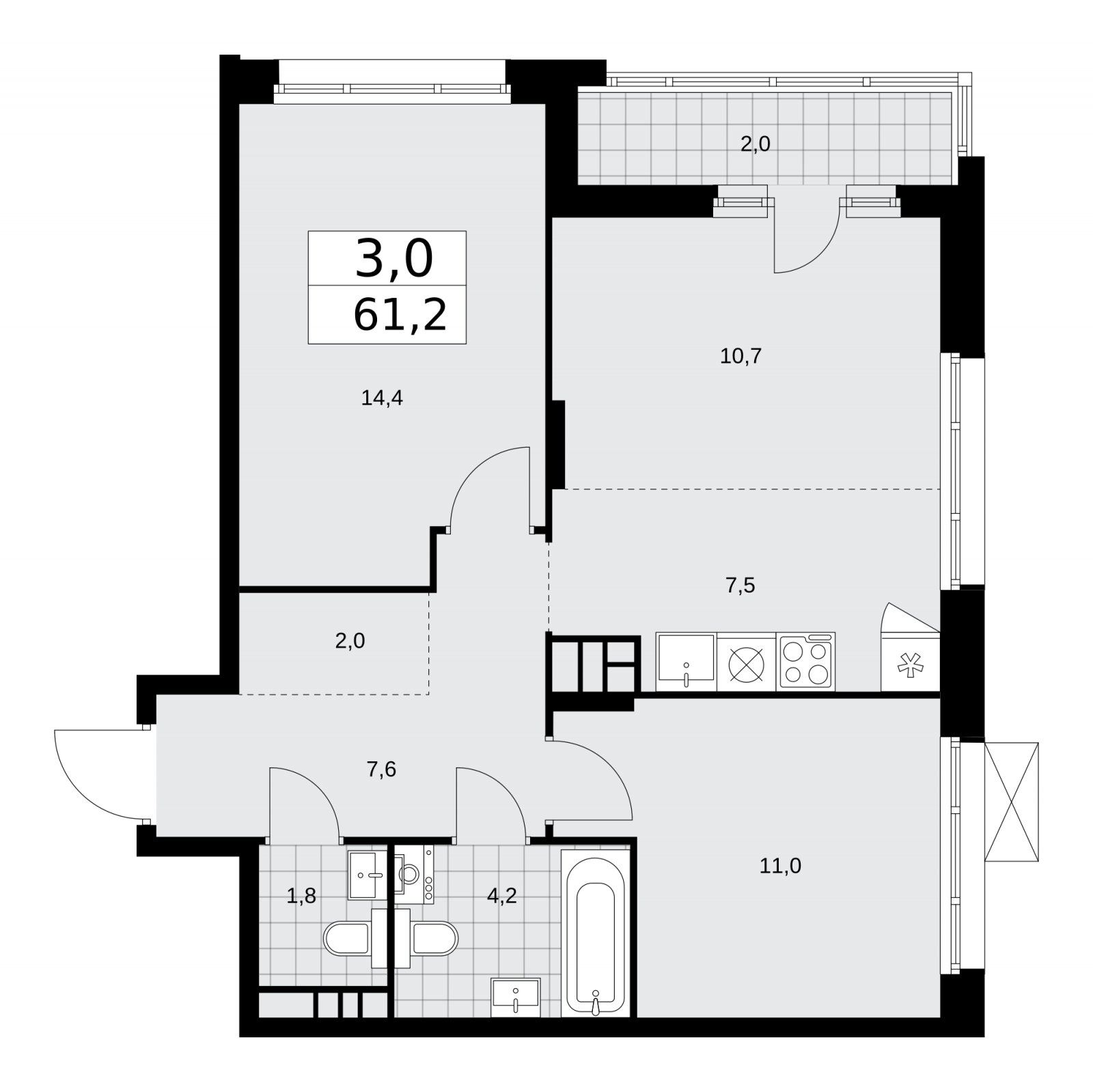 3-комнатная квартира (евро) без отделки, 61.2 м2, 10 этаж, сдача 1 квартал 2026 г., ЖК Прокшино, корпус 10.1.3 - объявление 2227298 - фото №1