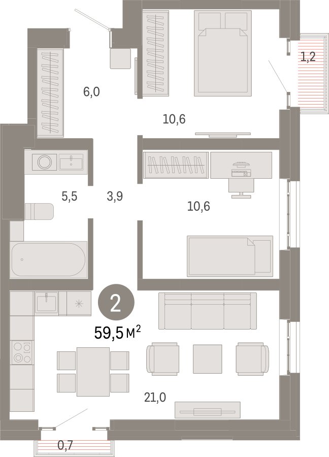 2-комнатная квартира с частичной отделкой, 59.5 м2, 28 этаж, сдача 3 квартал 2026 г., ЖК Квартал Метроном, корпус 1 - объявление 2358246 - фото №1