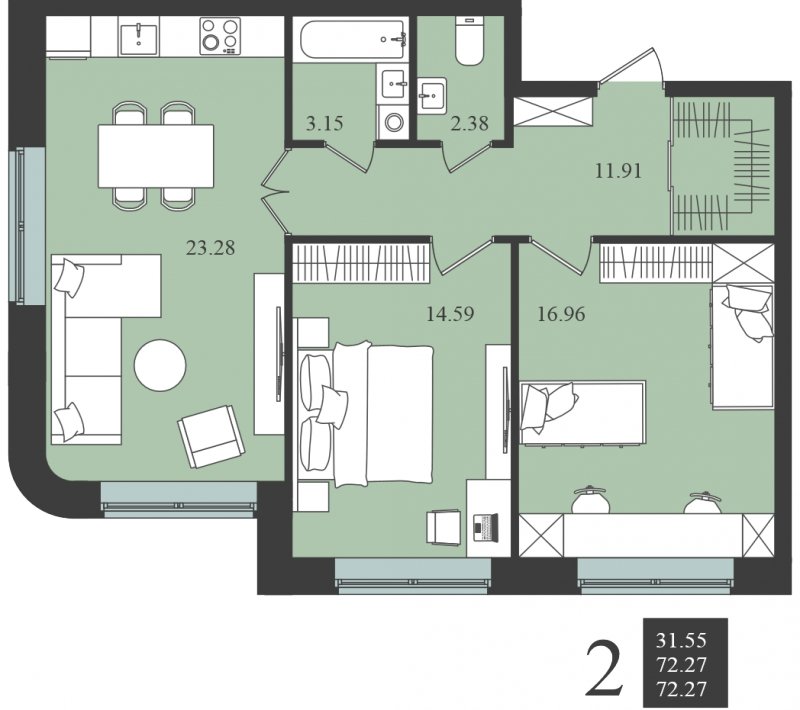 2-комнатная квартира без отделки, 72.27 м2, 1 этаж, сдача 1 квартал 2024 г., ЖК Мишино-2, корпус 9 - объявление 1812171 - фото №1