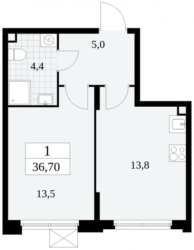 1-комнатная квартира с частичной отделкой, 36.7 м2, 2 этаж, сдача 4 квартал 2024 г., ЖК Скандинавия, корпус 2.27.4 - объявление 1840664 - фото №1