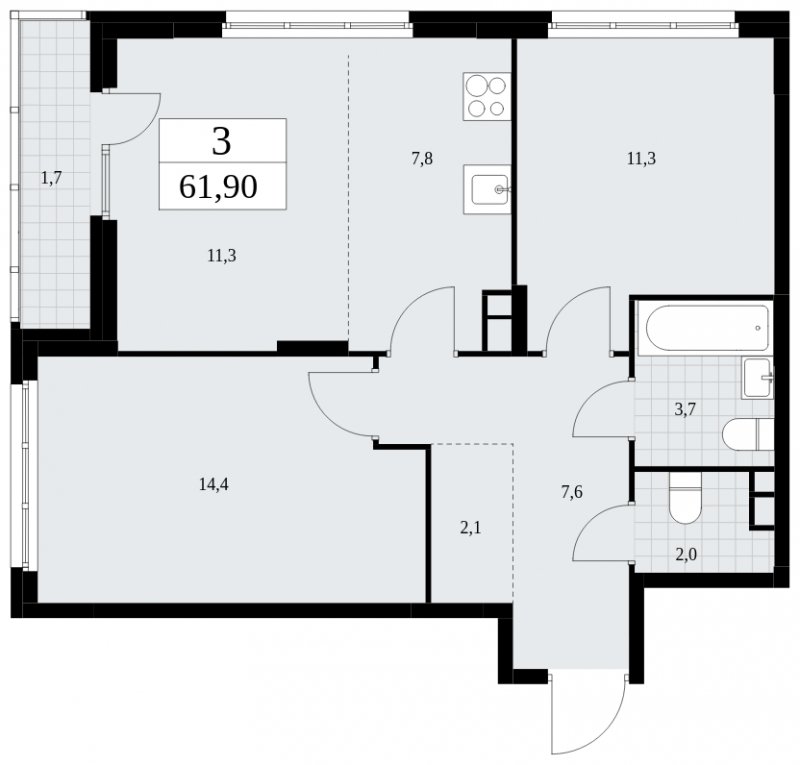 3-комнатная квартира (евро) без отделки, 61.9 м2, 3 этаж, сдача 4 квартал 2024 г., ЖК Скандинавия, корпус 36.2.2 - объявление 1779944 - фото №1