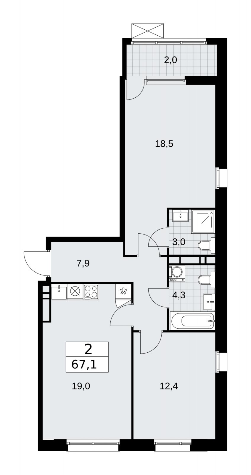 2-комнатная квартира без отделки, 67.1 м2, 11 этаж, сдача 1 квартал 2026 г., ЖК Дзен-кварталы, корпус 4.3 - объявление 2251654 - фото №1