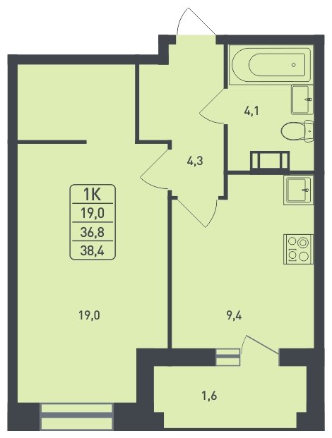 1-комнатная квартира без отделки, 38.4 м2, 3 этаж, дом сдан, ЖК Новая Щербинка, корпус 11 - объявление 1870500 - фото №1