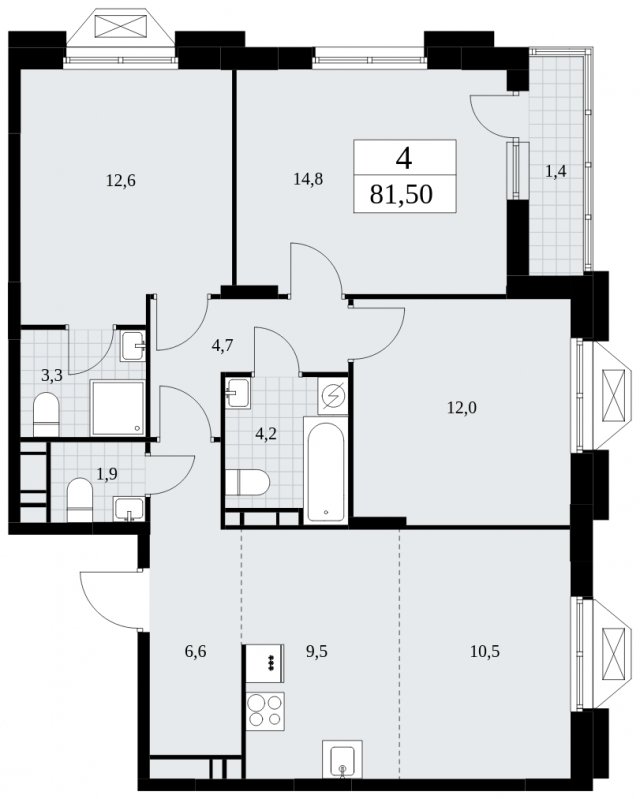 4-комнатная квартира (евро) без отделки, 81.5 м2, 12 этаж, сдача 4 квартал 2024 г., ЖК Бунинские кварталы, корпус 1.3 - объявление 1834891 - фото №1
