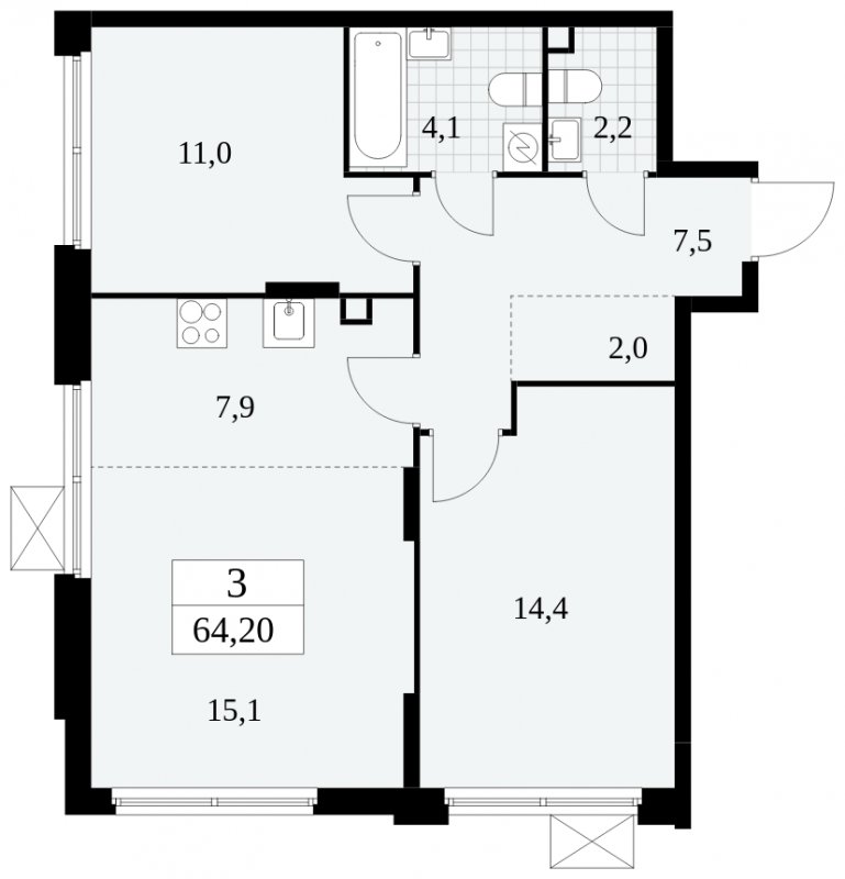 3-комнатная квартира (евро) без отделки, 64.2 м2, 2 этаж, сдача 4 квартал 2024 г., ЖК Скандинавия, корпус 2.27.2 - объявление 1840319 - фото №1