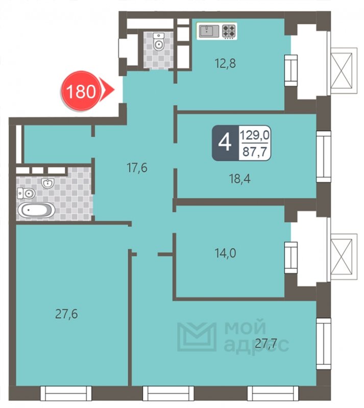 4-комнатная квартира с полной отделкой, 129 м2, 24 этаж, дом сдан, ЖК мой адрес На Береговом, корпус Южный квартал - объявление 1866975 - фото №1
