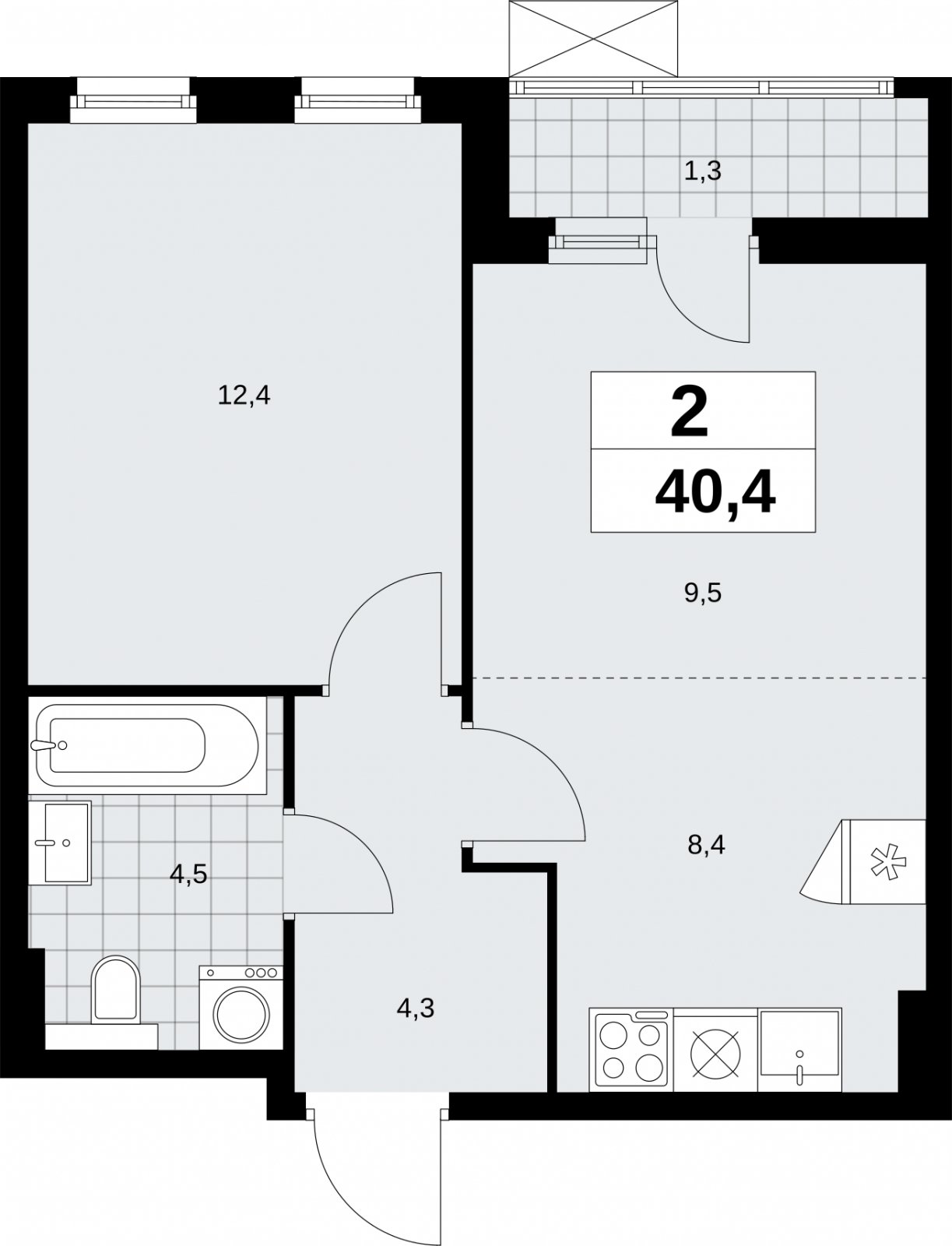 2-комнатная квартира (евро) без отделки, 40.4 м2, 4 этаж, сдача 2 квартал 2026 г., ЖК Бунинские кварталы, корпус 9.1 - объявление 2323484 - фото №1