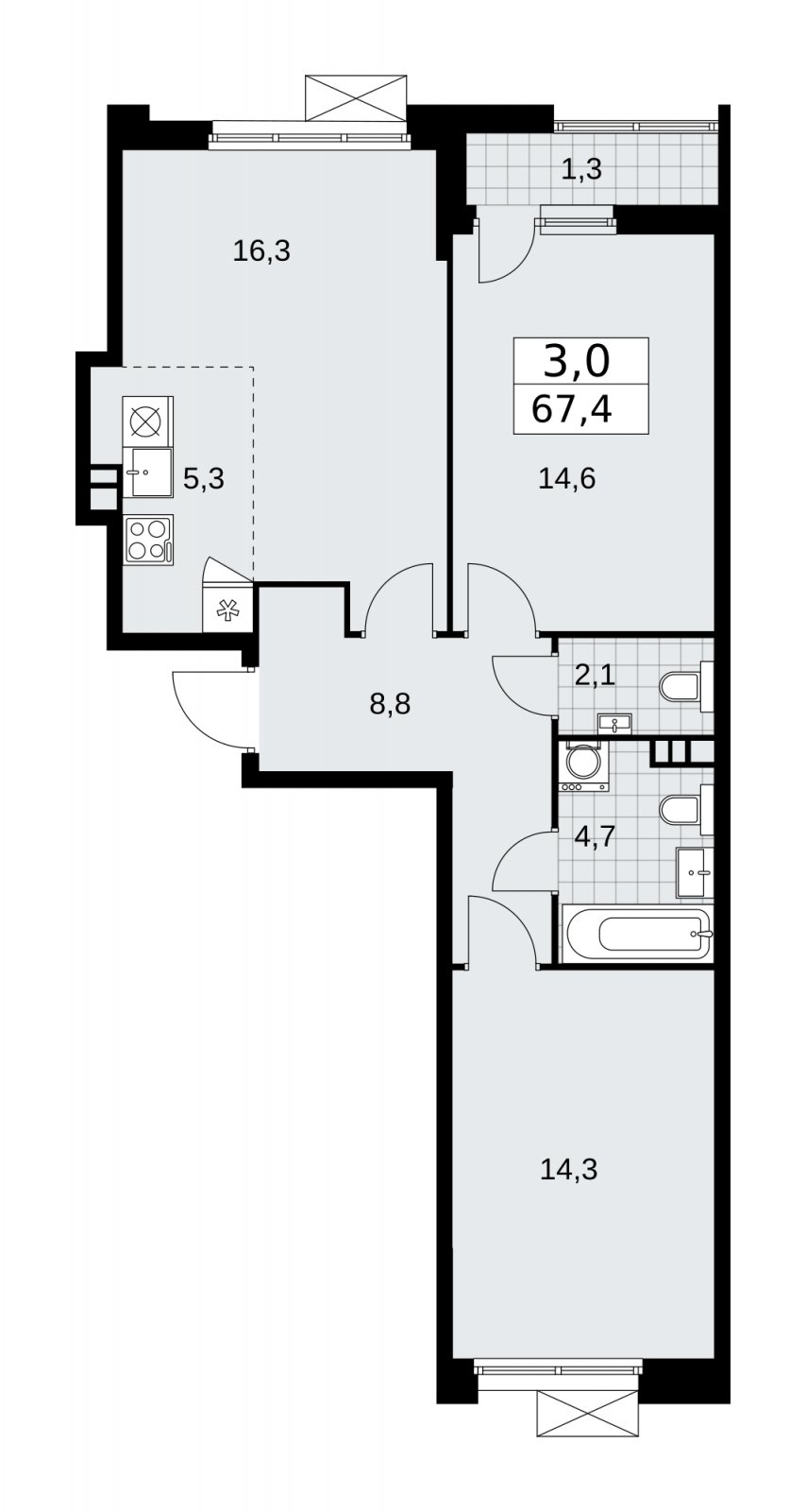 3-комнатная квартира (евро) с частичной отделкой, 67.4 м2, 3 этаж, сдача 1 квартал 2026 г., ЖК Бунинские кварталы, корпус 6.3 - объявление 2252612 - фото №1