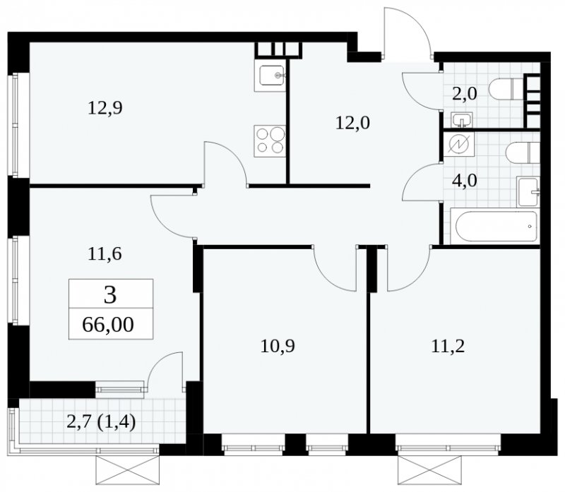 3-комнатная квартира без отделки, 66 м2, 8 этаж, сдача 1 квартал 2025 г., ЖК Прокшино, корпус 5.2.5 - объявление 1900879 - фото №1