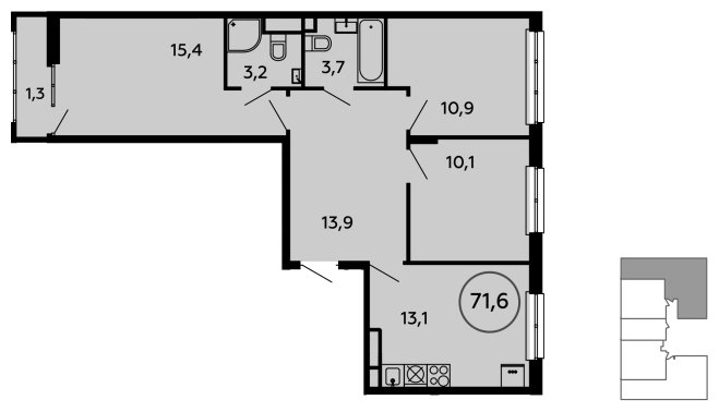 3-комнатная квартира с полной отделкой, 71.6 м2, 15 этаж, сдача 3 квартал 2023 г., ЖК Скандинавия, корпус 2.14.2 - объявление 1499611 - фото №1
