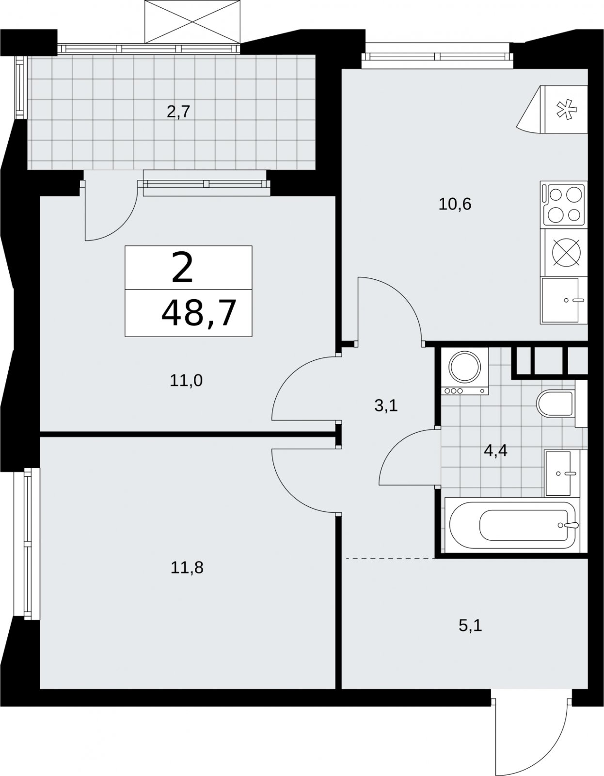 2-комнатная квартира без отделки, 48.7 м2, 16 этаж, сдача 2 квартал 2026 г., ЖК Бунинские кварталы, корпус 5.2 - объявление 2297431 - фото №1