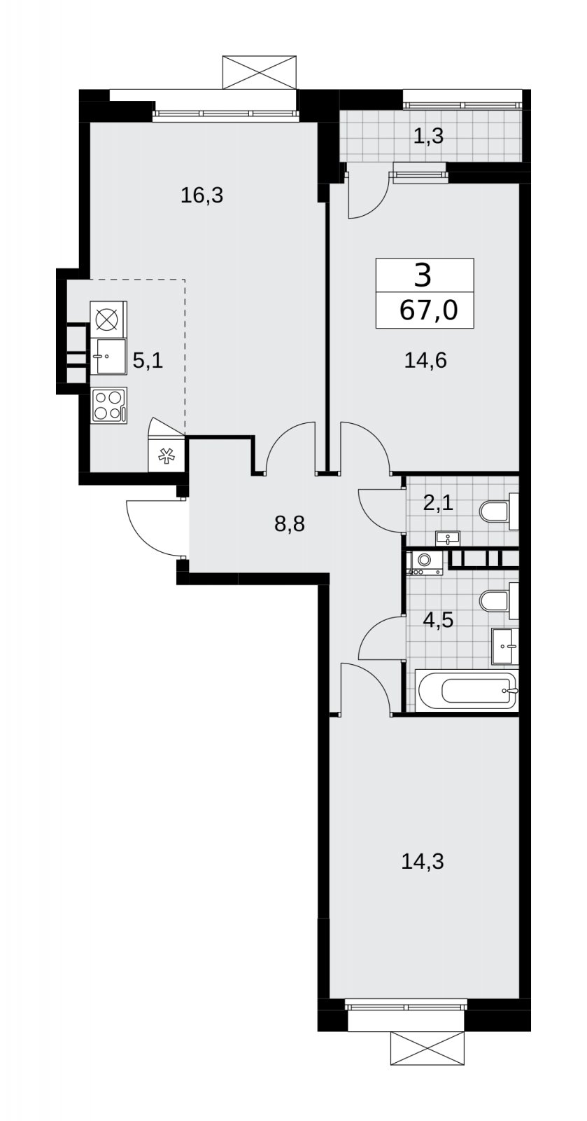 3-комнатная квартира (евро) без отделки, 67 м2, 4 этаж, сдача 4 квартал 2025 г., ЖК Бунинские кварталы, корпус 6.4 - объявление 2252680 - фото №1