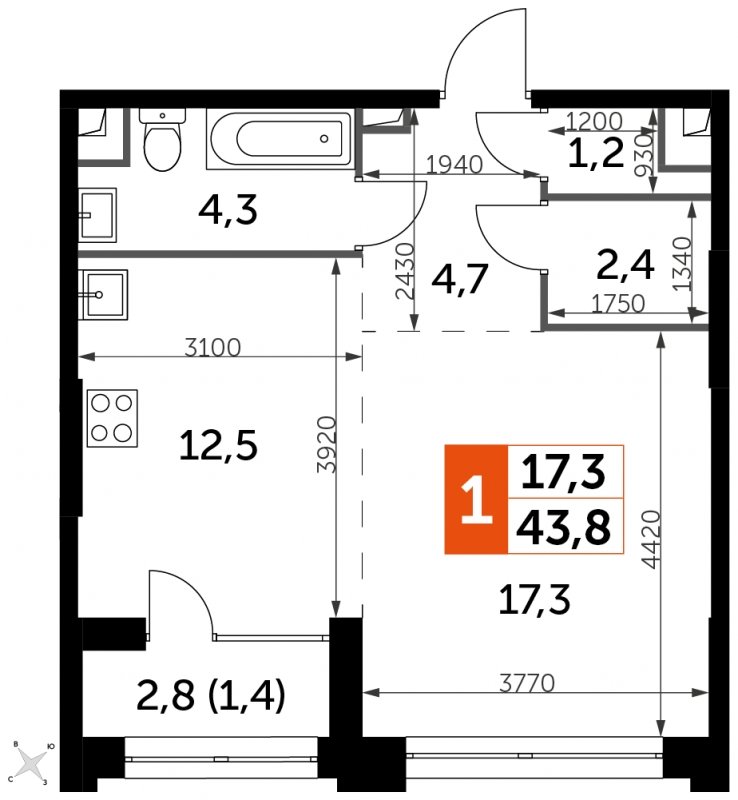 1-комнатная квартира с частичной отделкой, 43.8 м2, 25 этаж, сдача 1 квартал 2023 г., ЖК Sydney City, корпус 3 - объявление 1612530 - фото №1