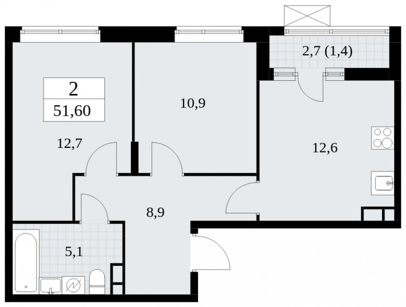 2-комнатная квартира без отделки, 51.6 м2, 5 этаж, сдача 1 квартал 2025 г., ЖК Прокшино, корпус 5.1.3 - объявление 1810879 - фото №1