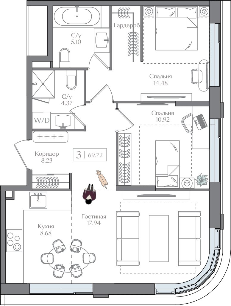 Купить трёхкомнатную квартиру 🏠 без отделки 69 кв.м, 13 этаж, корпус 2.3 в  Москве в ЖК 