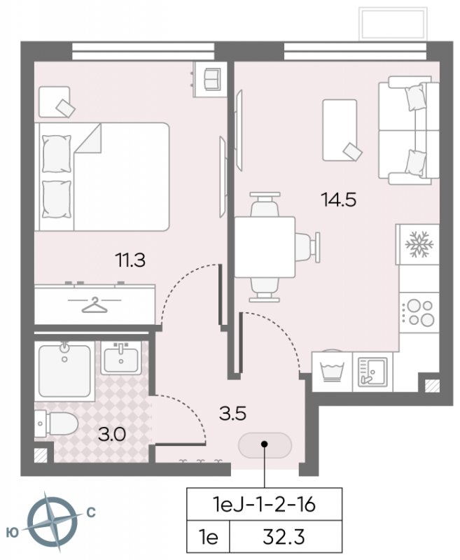 1-комнатная квартира с полной отделкой, 32.9 м2, 2 этаж, сдача 3 квартал 2024 г., ЖК Лучи, корпус 15 - объявление 1943382 - фото №1