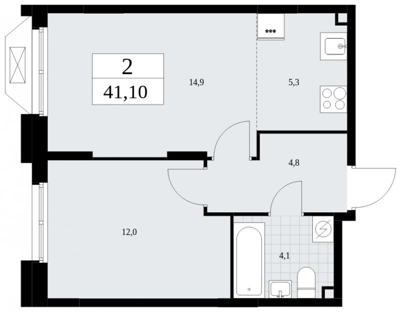 2-комнатная квартира (евро) без отделки, 41.1 м2, 2 этаж, сдача 4 квартал 2024 г., ЖК Бунинские кварталы, корпус 1.3 - объявление 1834671 - фото №1