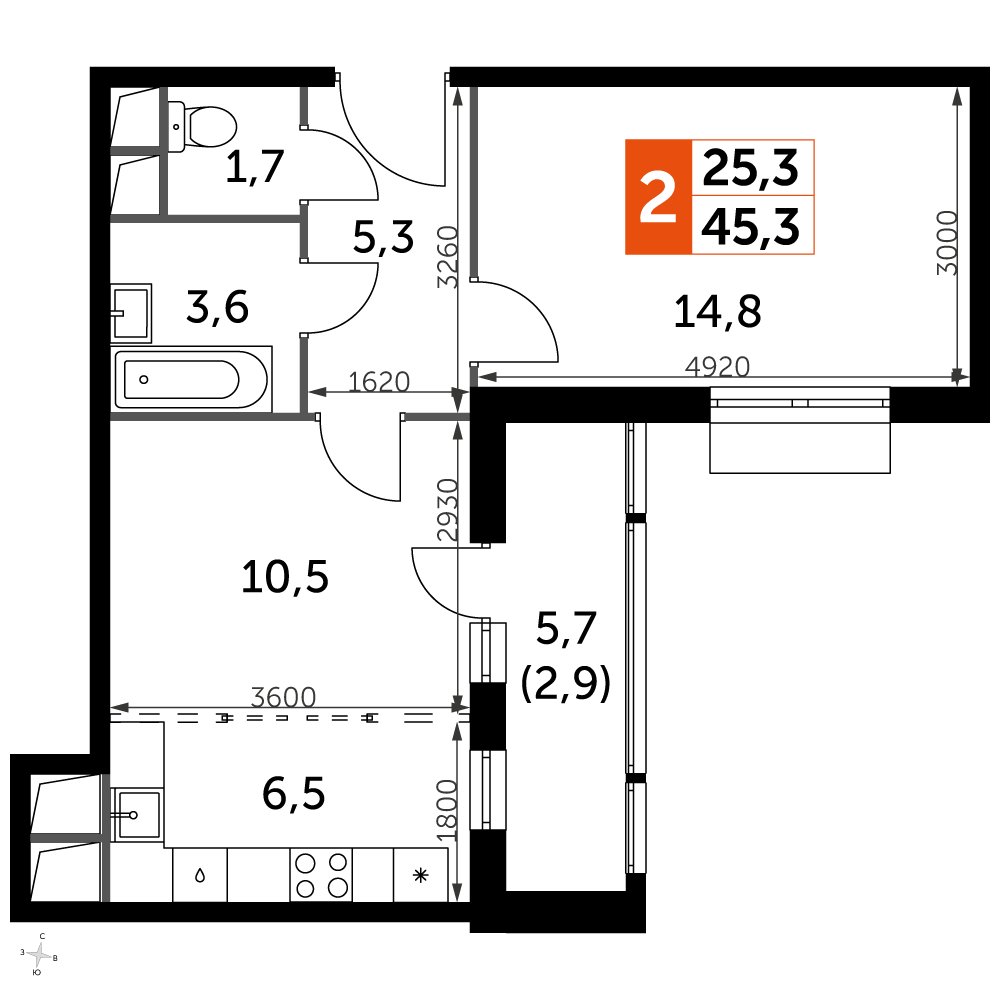 2-комнатная квартира с частичной отделкой, 45.2 м2, 4 этаж, дом сдан, ЖК UP-квартал Римский, корпус 7 - объявление 2353867 - фото №1
