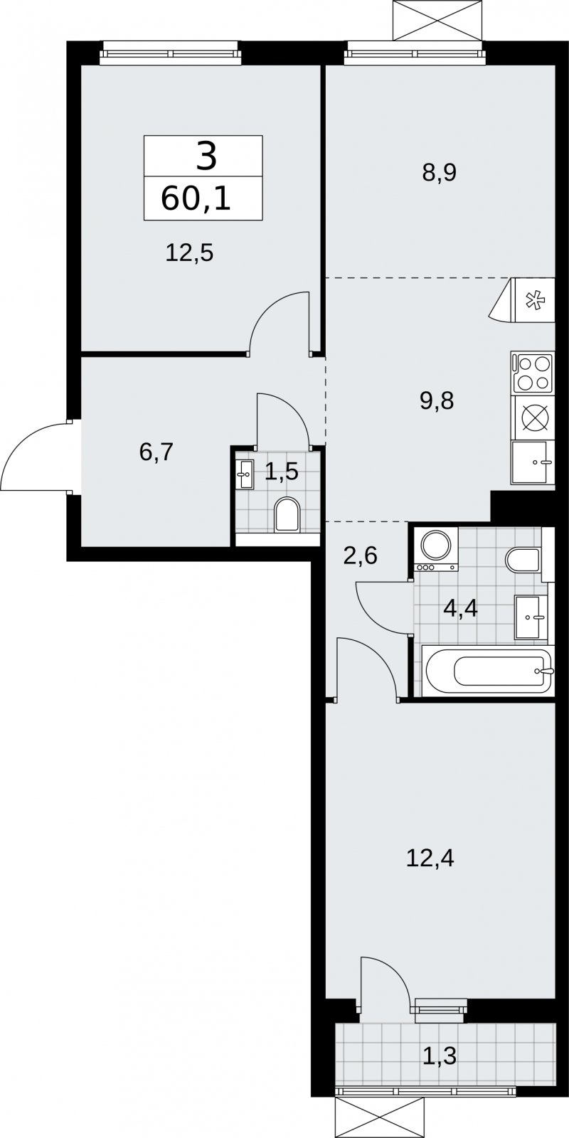 3-комнатная квартира (евро) без отделки, 60.1 м2, 5 этаж, сдача 2 квартал 2026 г., ЖК Бунинские кварталы, корпус 7.3 - объявление 2313949 - фото №1