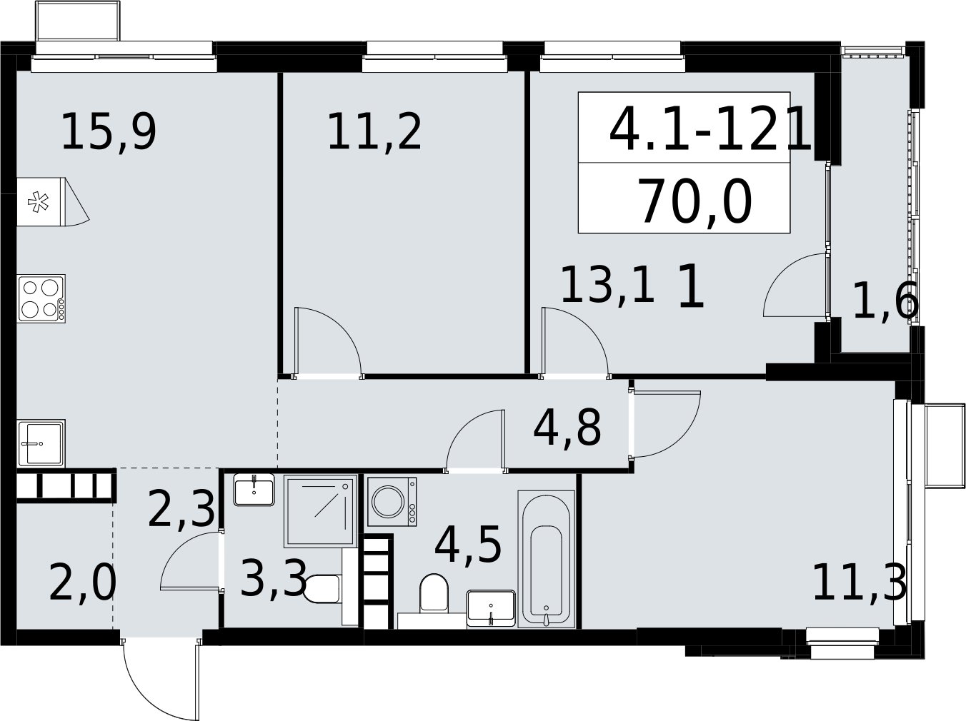 3-комнатная квартира с полной отделкой, 70 м2, 22 этаж, сдача 2 квартал 2027 г., ЖК Южные сады, корпус 4.1.1 - объявление 2392662 - фото №1