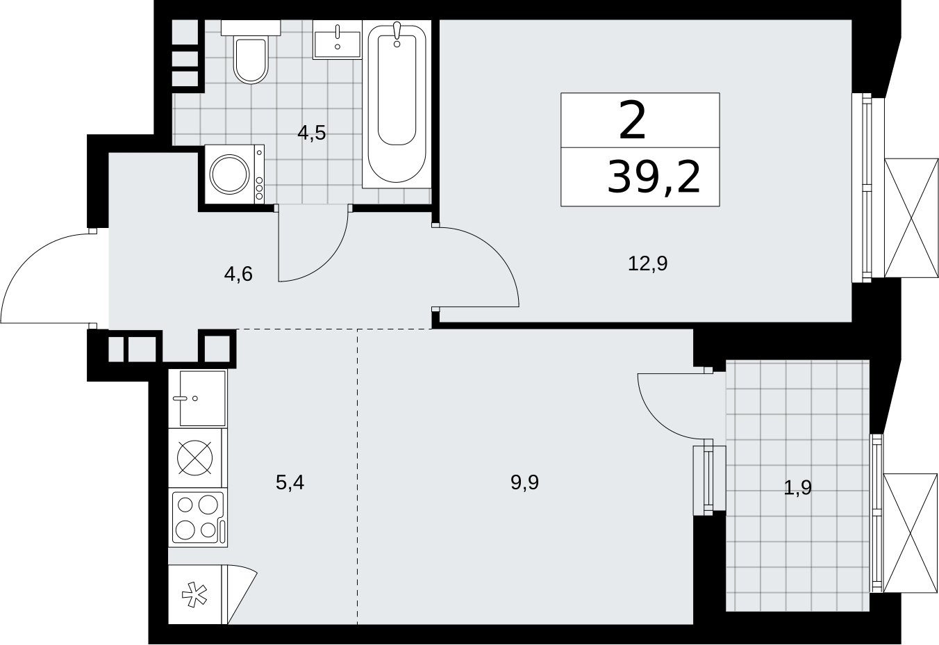 2-комнатная квартира (евро) без отделки, 39.2 м2, 6 этаж, сдача 2 квартал 2026 г., ЖК Бунинские кварталы, корпус 5.2 - объявление 2297346 - фото №1