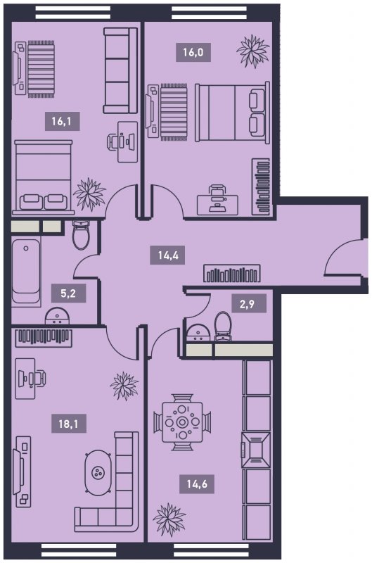 3-комнатная квартира без отделки, 86.9 м2, 5 этаж, дом сдан, ЖК Талисман на Водном, корпус 1 - объявление 1772491 - фото №1