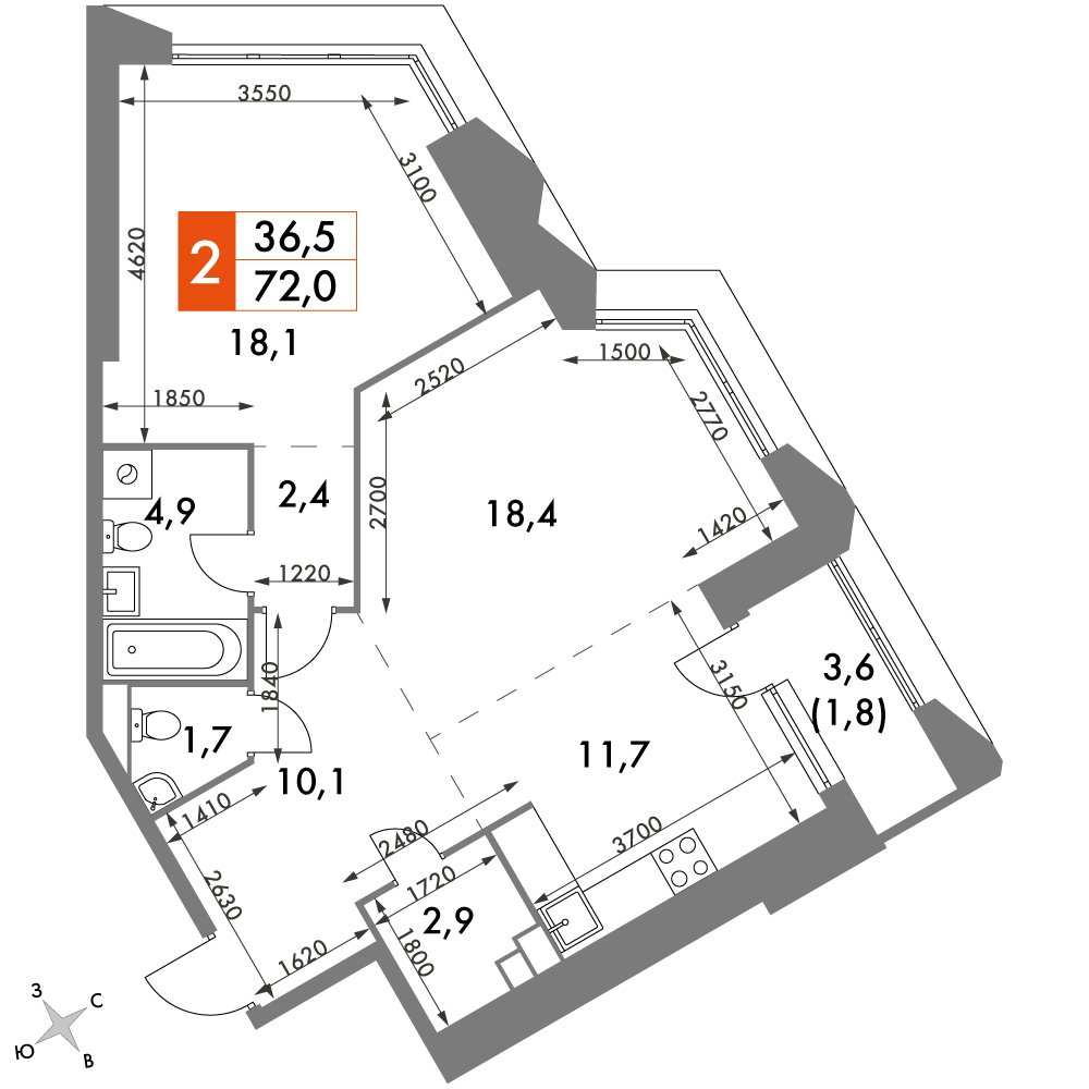 2-комнатная квартира с частичной отделкой, 72 м2, 17 этаж, дом сдан, ЖК Архитектор, корпус 3 - объявление 2384400 - фото №1