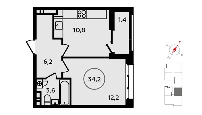 1-комнатная квартира с частичной отделкой, 34.2 м2, 11 этаж, сдача 3 квартал 2024 г., ЖК Скандинавия, корпус 2.22.3 - объявление 1625610 - фото №1