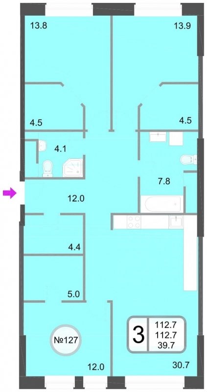 3-комнатная квартира без отделки, 112.7 м2, 2 этаж, дом сдан, ЖК Хорошевский, корпус 1 - объявление 1106988 - фото №1