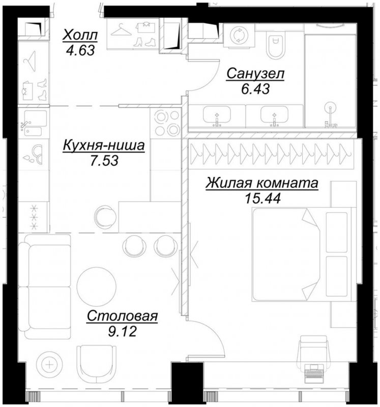 1-комнатная квартира с частичной отделкой, 43.07 м2, 11 этаж, сдача 4 квартал 2024 г., ЖК MOD, корпус Mod.D - объявление 1788205 - фото №1